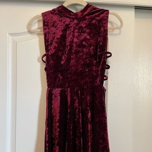 Maroon burgundy open side cutout velvet high neck skater  dress
